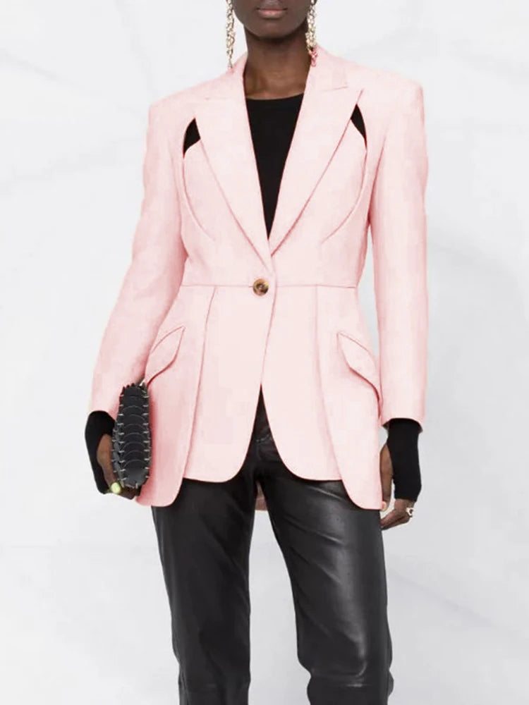 TWOTWINSTYLE Patchwork Button Slim Blazer For Women Notched Collar Long Sleeve Spliced Pockets Hollow Out Designer Coat Female