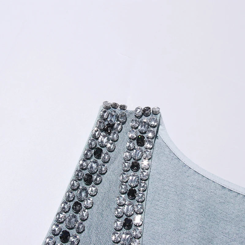 TWOTWINSTYLE Solid Loose Fashion Dresses for Women V Neck Sleeveless Patchwork Diamonds Temperament Dress Female Clothing New