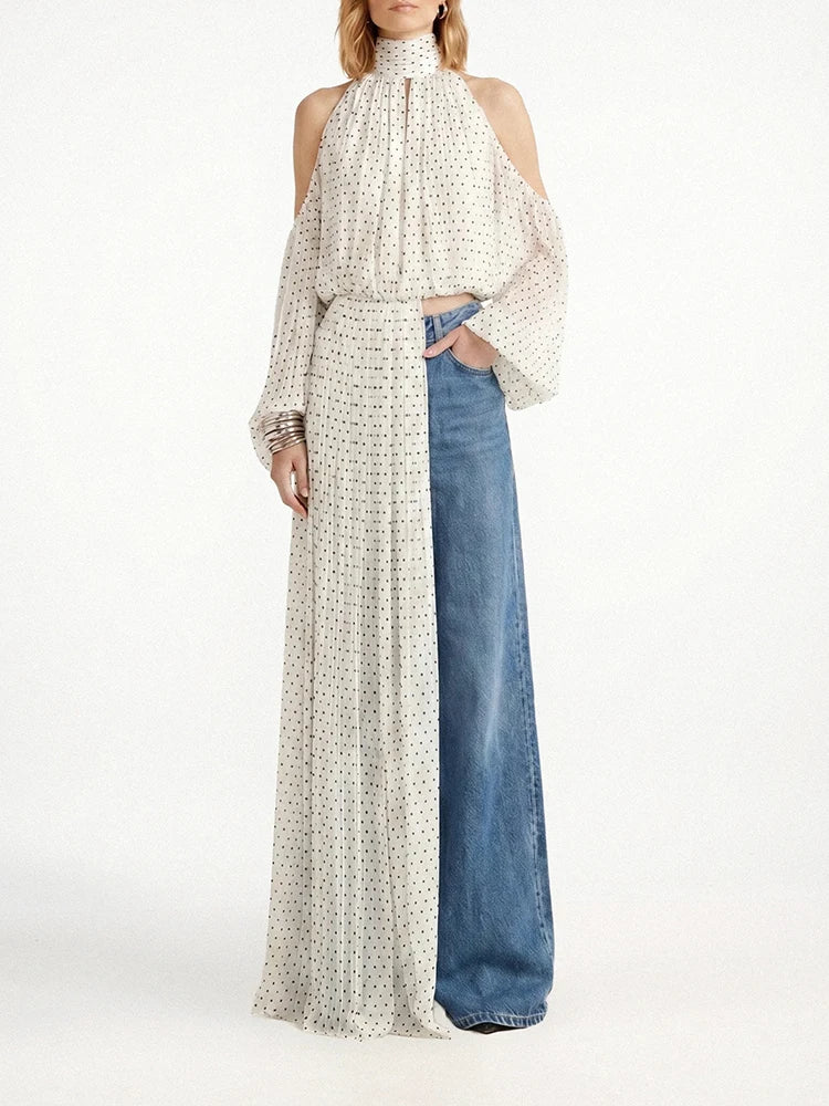 TWOTWINSTYLE Fashion Apricot Turtleneck Ruched Accent Blouse for Women Off The Shoulder Oversized Sleeve Top for Street Style