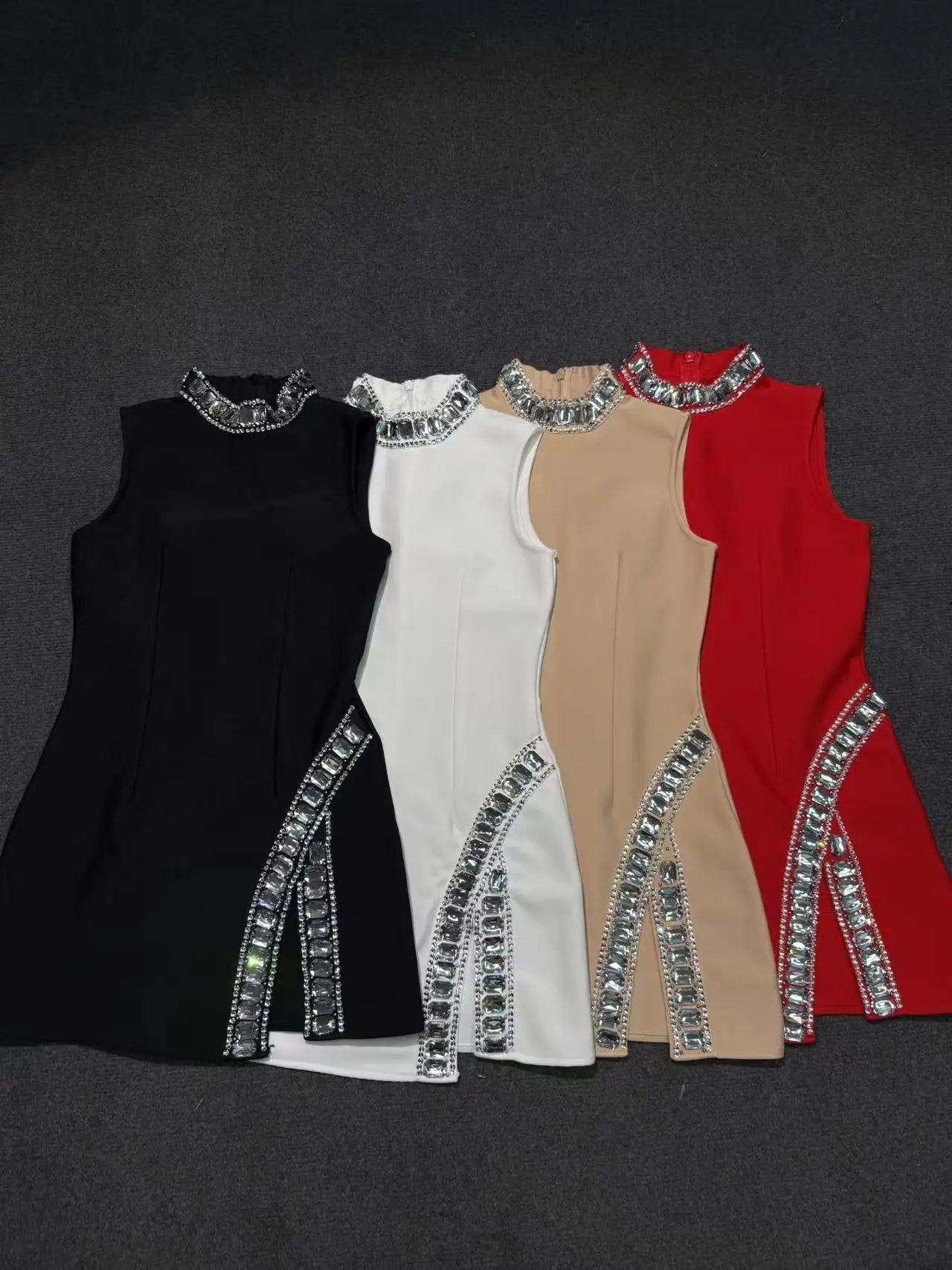 TWOTWINSTYLE Solid Slimming Temperament Dresses for Women Round Neck Sleeveless Patchwork Diamonds Dress Female Fashion Clothes