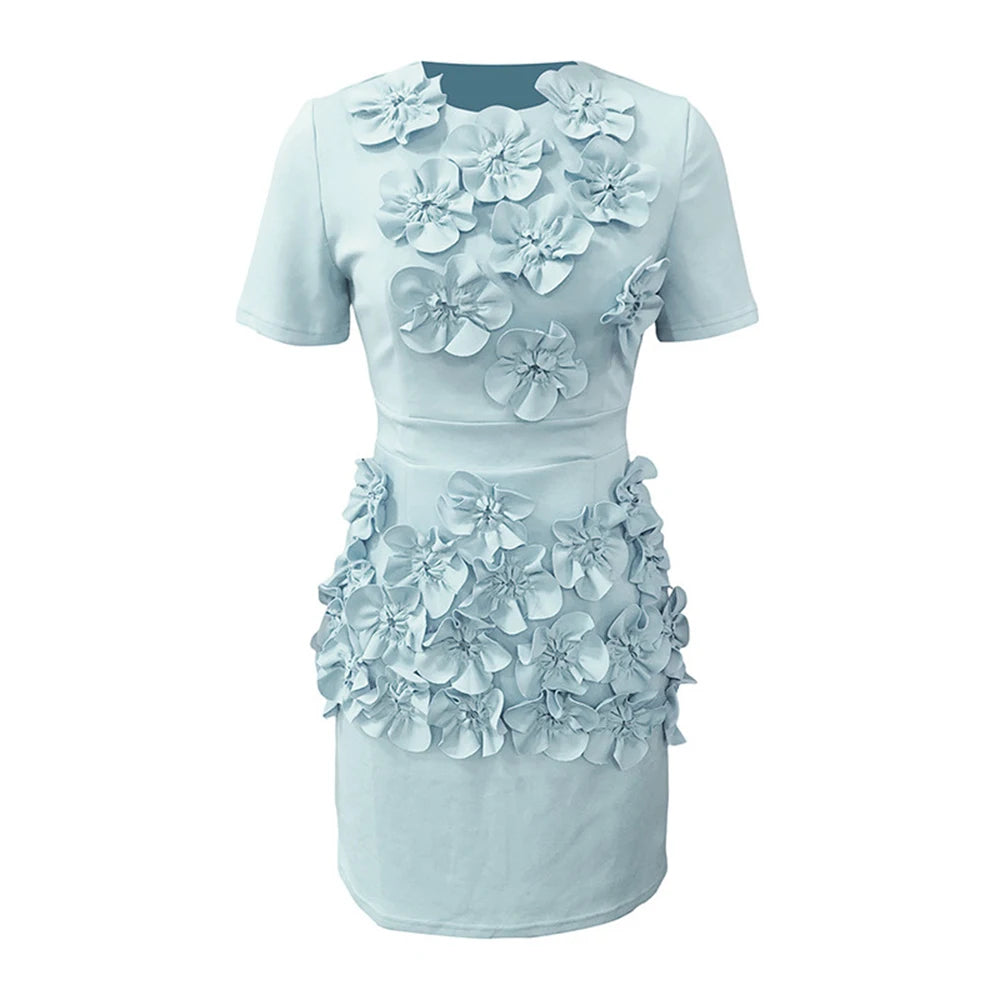 TWOTWINSTYLE Solid Slimming Dresses for Women Round Neck Short Sleeves Patchwork Appique Temperament Dress Female Clothing New