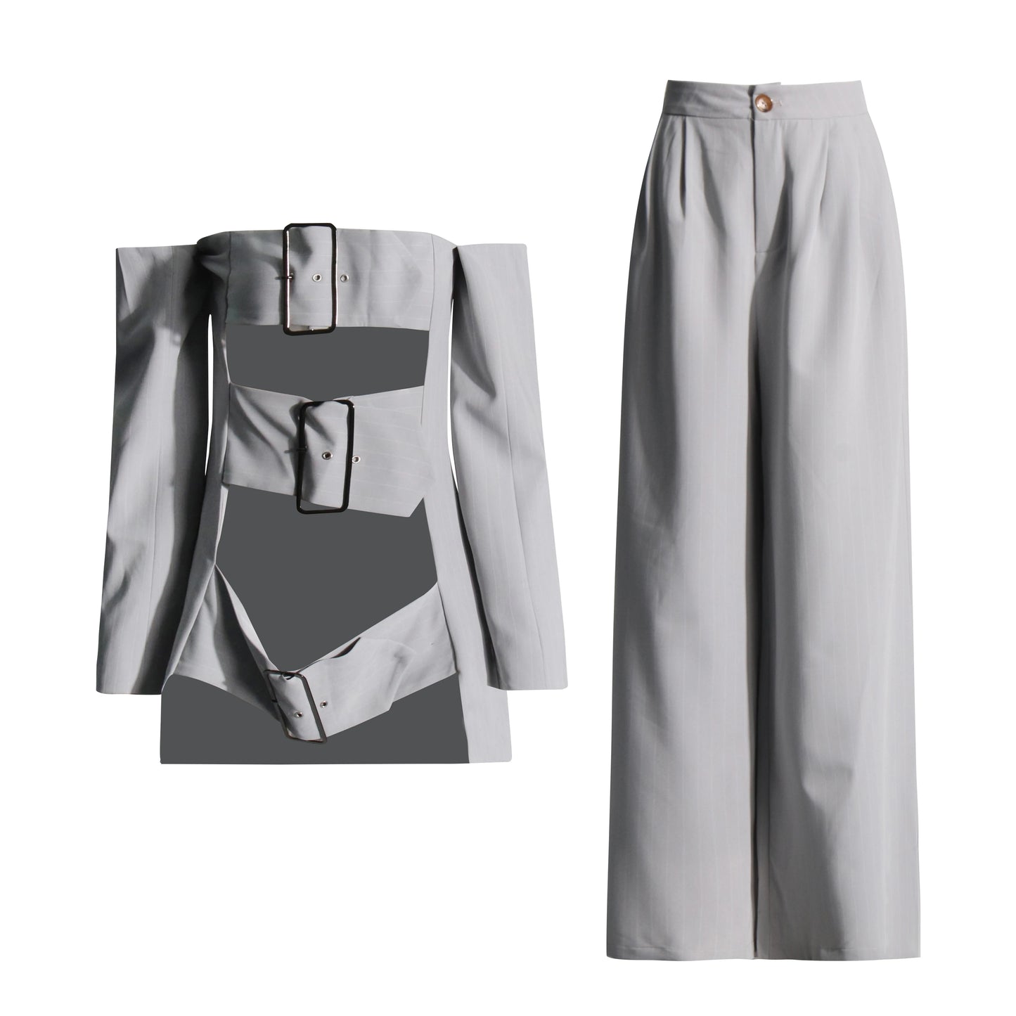 TWOTWINSTYLE Striped Two Piece Set For Women Strpless Long Sleeve Patchwork Belt Hollow Out Top High Waist Pant Chic Sets Female