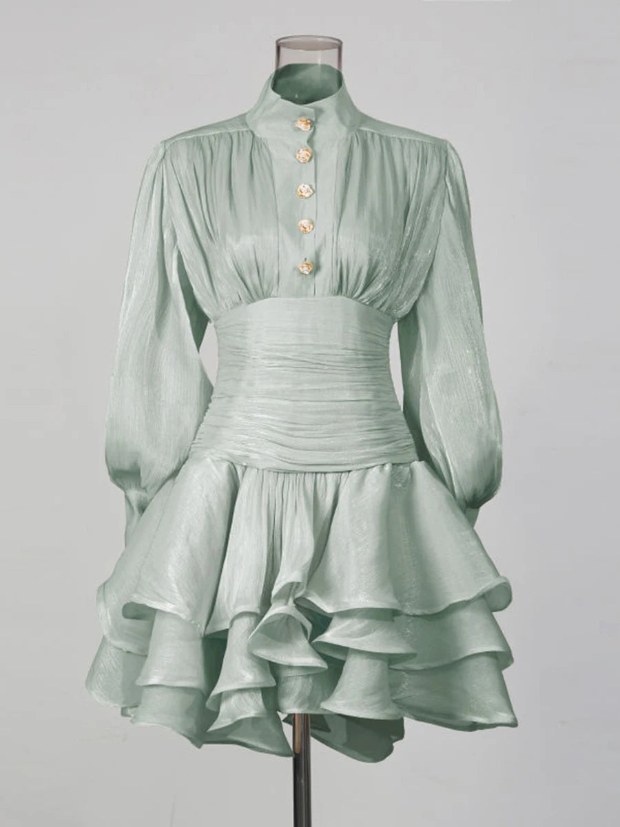 TWOTWINSTYLE Elegant Green Ruffle Mini Dress for Women Stand Collar Puff Sleeve Pleated Waist Button Accent for Birthday Parties
