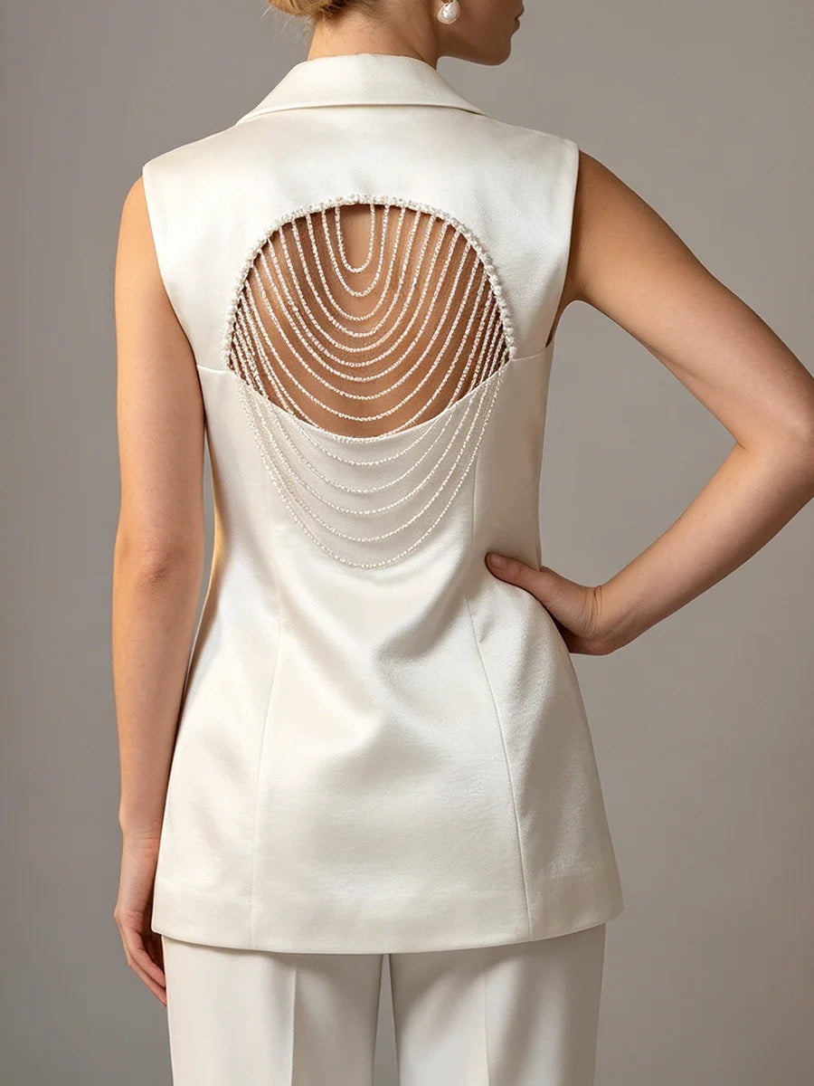 TWOTWINSTYLE Elegant White Cutout Back Sleeveless Blazer for Women Lapel Spliced Pearl Fashion Coat for Formal Office Commute