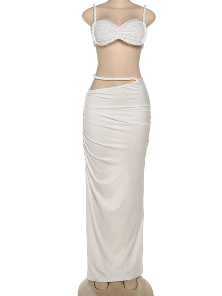 Cutenew Woven Matching Women 2 Piece Sexy Vacation Outfits Pleated Crop Camis+Shirring High Waist Maxi Skirts Solid Mujer Sets