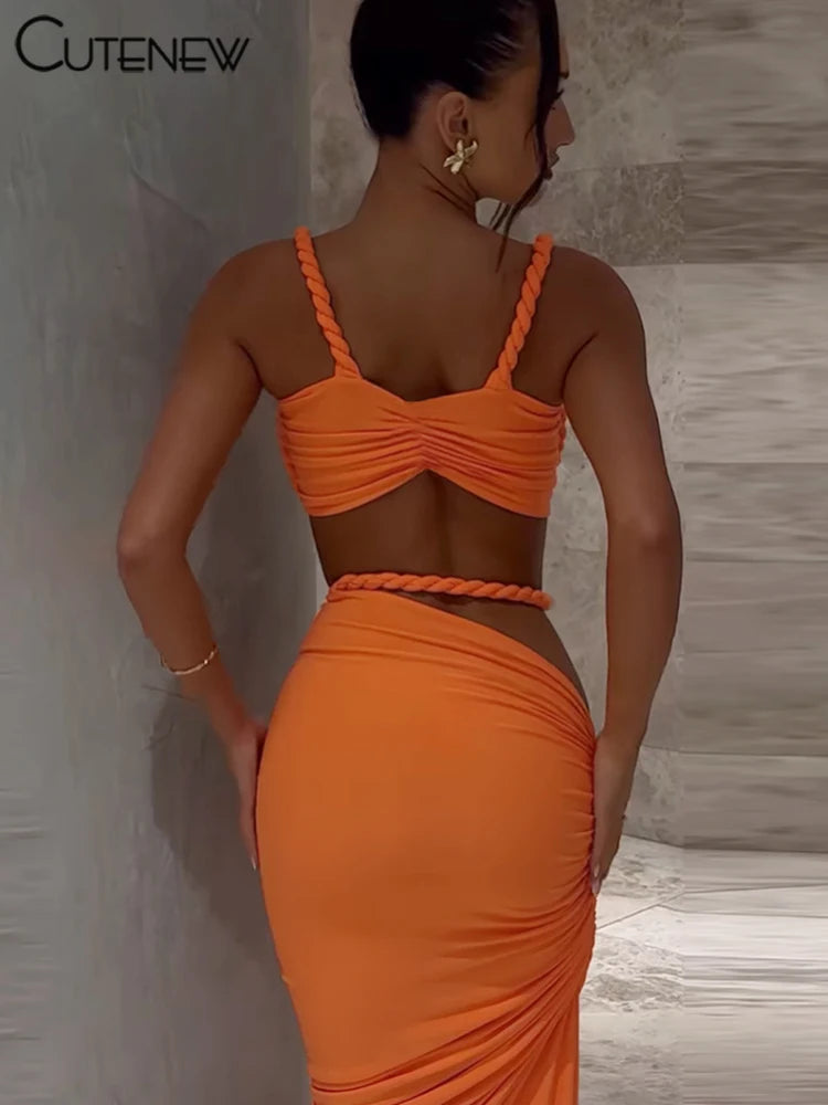 Cutenew Woven Matching Women 2 Piece Sexy Vacation Outfits Pleated Crop Camis+Shirring High Waist Maxi Skirts Solid Mujer Sets