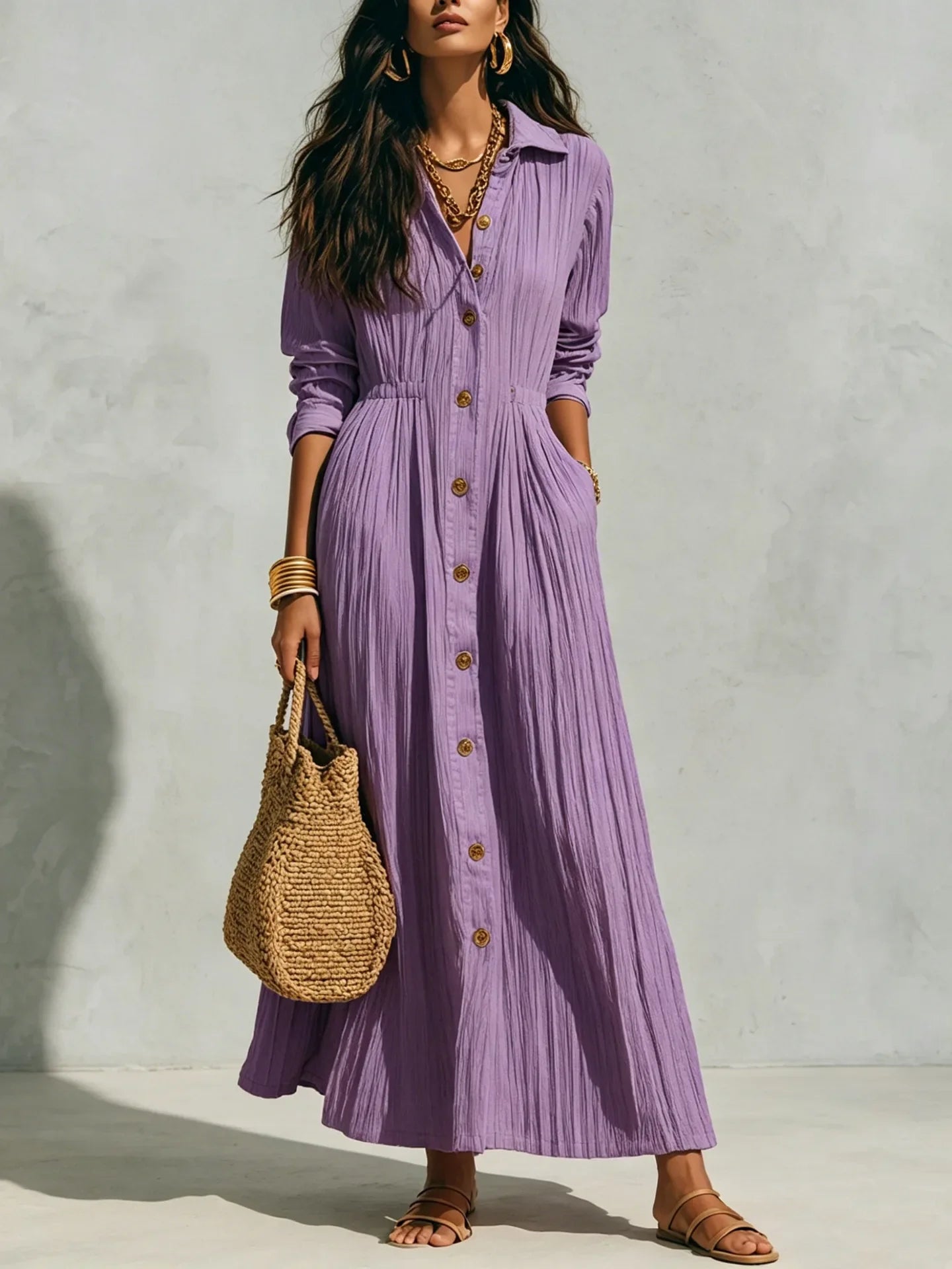 The Marais Pleated Button Maxi Dress from the Lavishly Me Edit at Lavishly Me