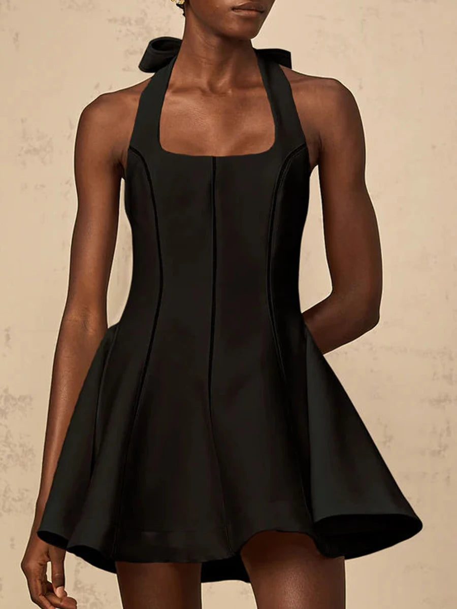 TWOTWINSTYLE Solid Slimming Fashion Mini Dresses for Women Halter Neck Sleeveless Patchwork Bow Tunic Elegant Dress Female New