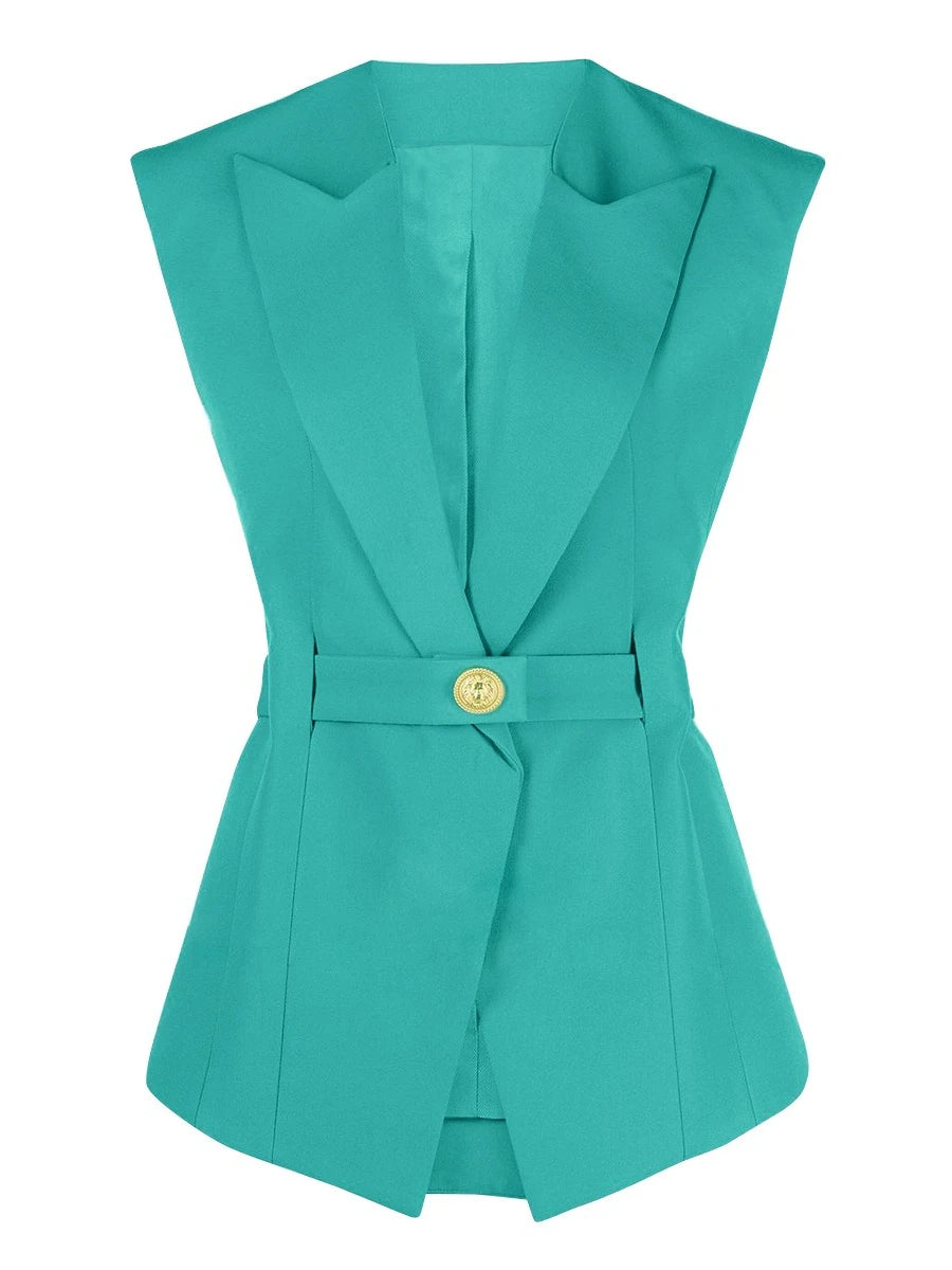 TWOTWINSTYLE Solid Slimming Spliced Belt Blazer Vests for Women Lapel Sleeveless High Waist Temperament Vest Female Clothing New