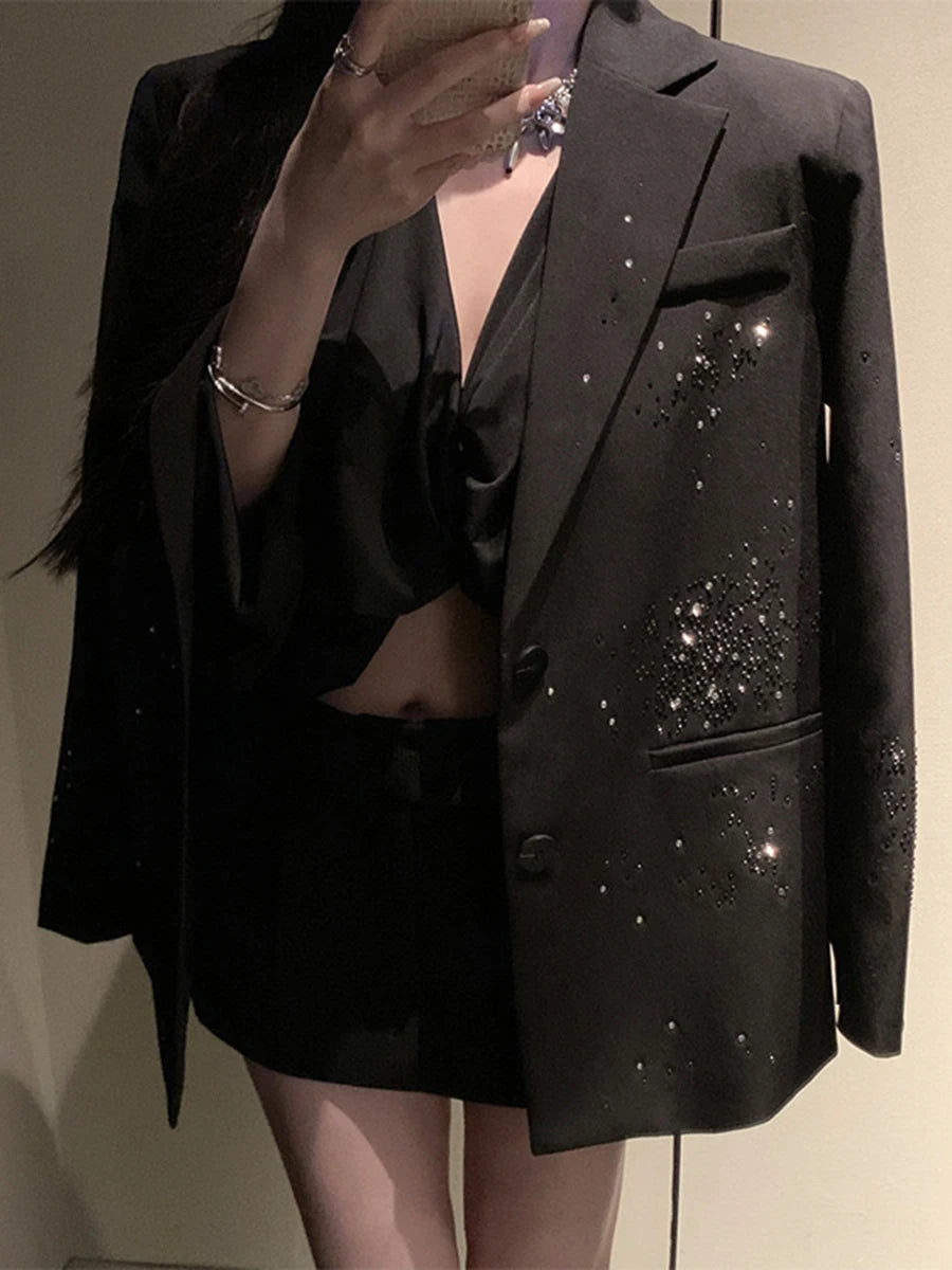 TWOTWINSTYLE Solid Loose Spliced Bead Fashion Blazers for Women Lapel Long Sleeves Patchwork Single Breasted Blazer Female New