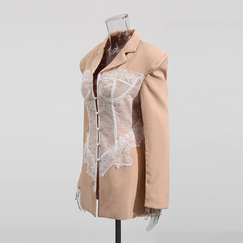 TWOTWINSTYLE Colorblock Temperament Spliced Lace Slimming Blazer for Women V Collar Long Sleeves Coat Female Fashion Clothing