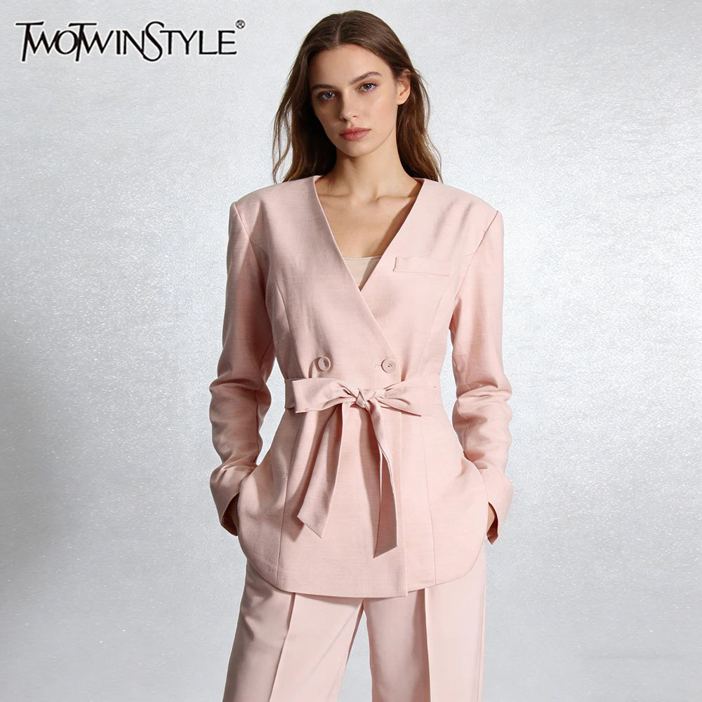 TWOTWINSTYLE Elegant Office Commute Bow Accent Pink Blazer for Women V Neck Double Breasted Design for Business Social Events