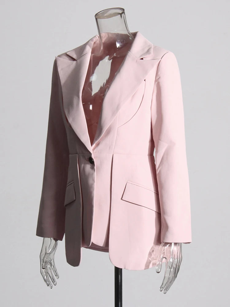 TWOTWINSTYLE Patchwork Button Slim Blazer For Women Notched Collar Long Sleeve Spliced Pockets Hollow Out Designer Coat Female