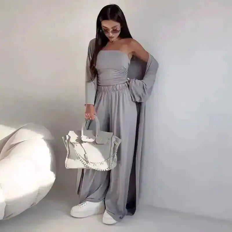 LGRQ Women's Clothing 2026 Summer New Casual Strapless Vest Long Cardigan Wide-Leg Pants Three-Piece Set