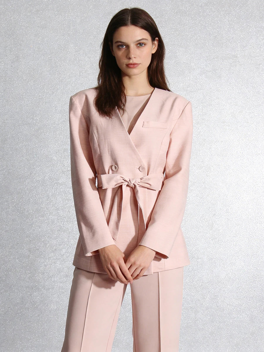 TWOTWINSTYLE Elegant Office Commute Bow Accent Pink Blazer for Women V Neck Double Breasted Design for Business Social Events