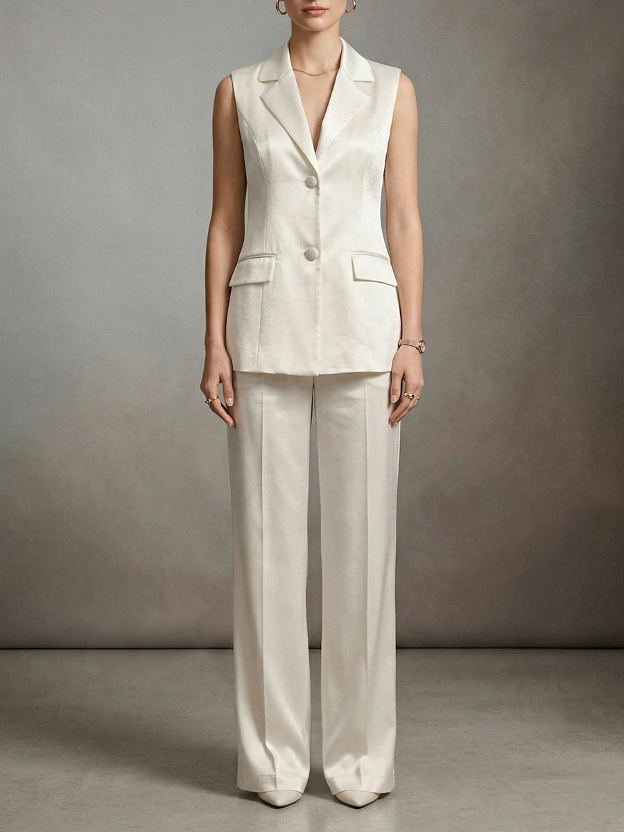 TWOTWINSTYLE Elegant White Cutout Back Sleeveless Blazer for Women Lapel Spliced Pearl Fashion Coat for Formal Office Commute