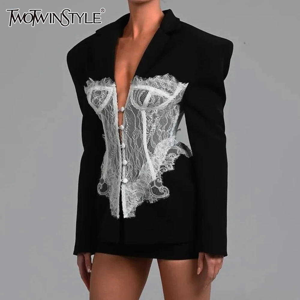 TWOTWINSTYLE Colorblock Temperament Spliced Lace Slimming Blazer for Women V Collar Long Sleeves Coat Female Fashion Clothing