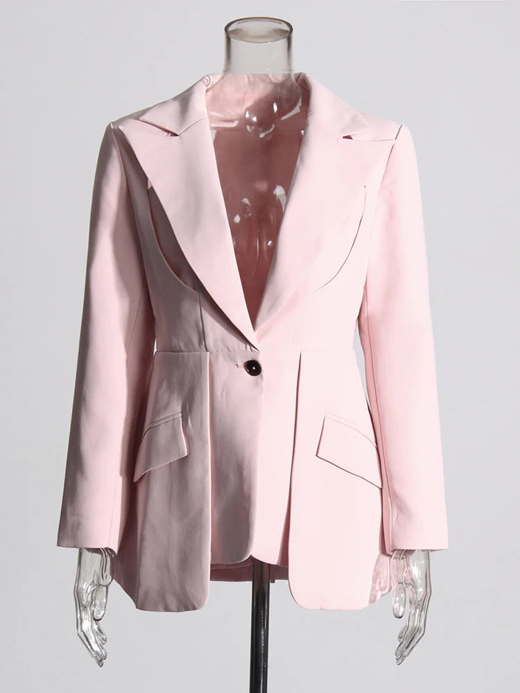 TWOTWINSTYLE Patchwork Button Slim Blazer For Women Notched Collar Long Sleeve Spliced Pockets Hollow Out Designer Coat Female