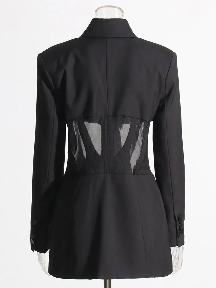 TWOTWINSTYLE Solid Spliced Sheer Mesh Blazers For Women Notched Collar Long Sleeve Tunic Patchwork Botton Blazer Female Fashion
