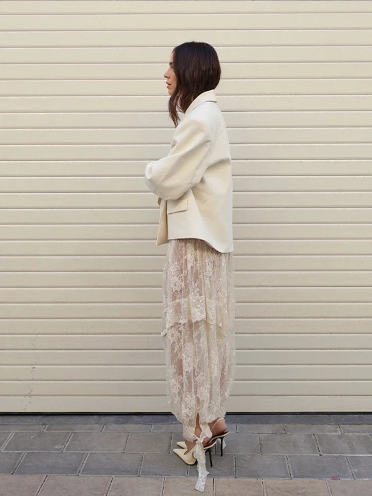 Fashion Women Lace Transparent Trouser Chic Floral Lace Up Wide Leg Pant Summer 2026 High Street Solid Elegant Commute Office