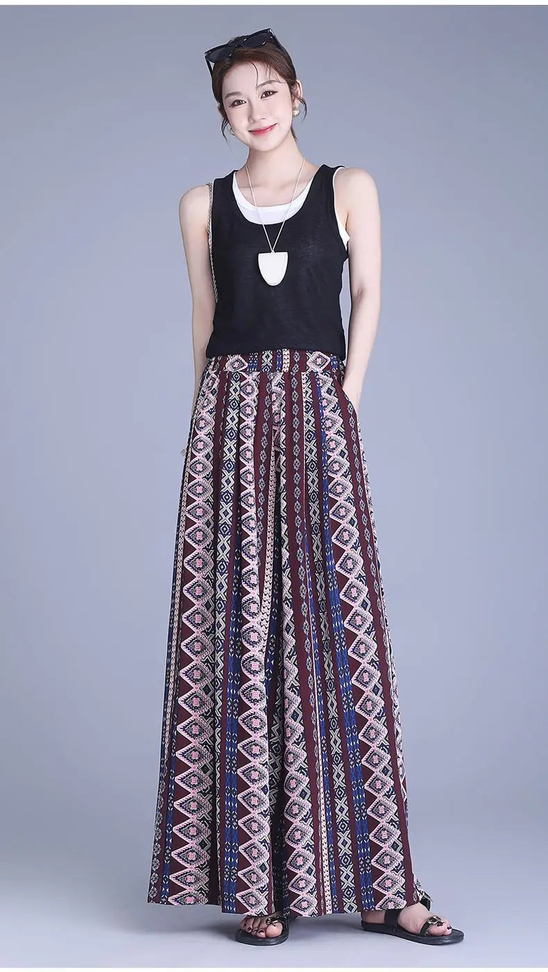 Trousers Chiffon Floral Skirts and Pants for Women in Summer New Thin High-waisted Ethnic Style Casual Wide-leg Pants