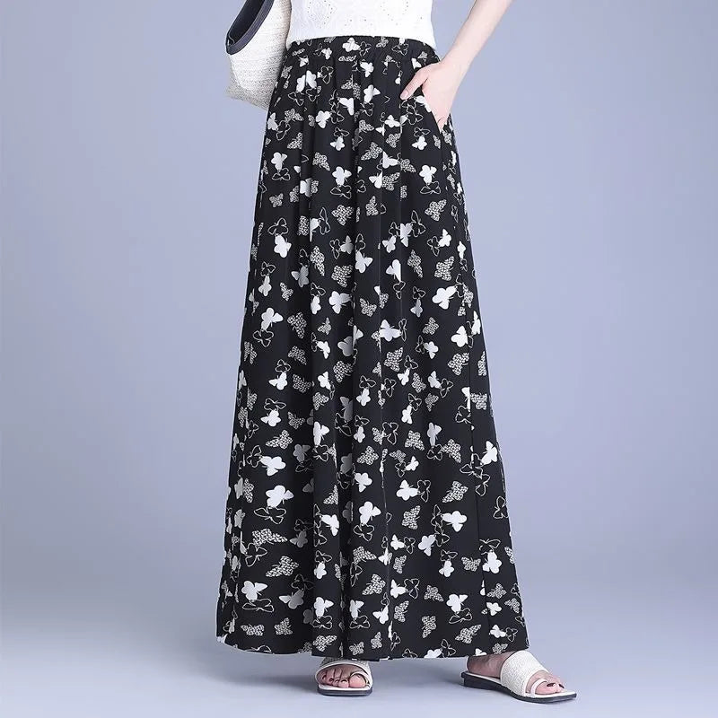 Trousers Chiffon Floral Skirts and Pants for Women in Summer New Thin High-waisted Ethnic Style Casual Wide-leg Pants
