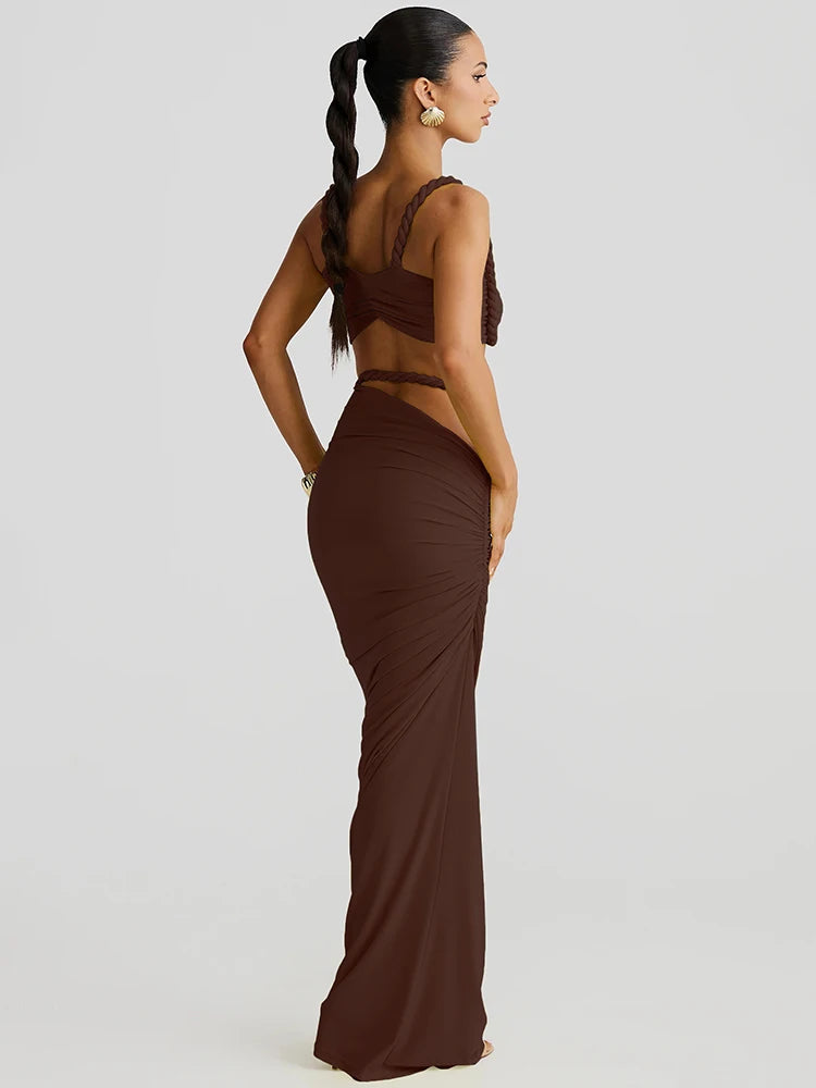 Cutenew Woven Matching Women 2 Piece Sexy Vacation Outfits Pleated Crop Camis+Shirring High Waist Maxi Skirts Solid Mujer Sets
