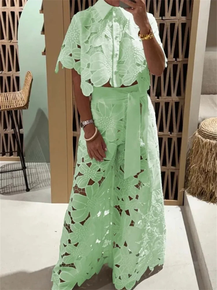 Wmstar Two Piece Set Women Hollow Out  Wide Leg Pants Sets Matching Casual Lace Suit Suits Wholesale Dropshipping New Style