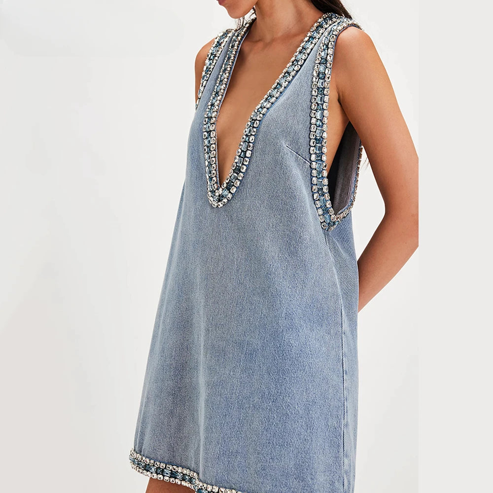 TWOTWINSTYLE Solid Loose Fashion Dresses for Women V Neck Sleeveless Patchwork Diamonds Temperament Dress Female Clothing New