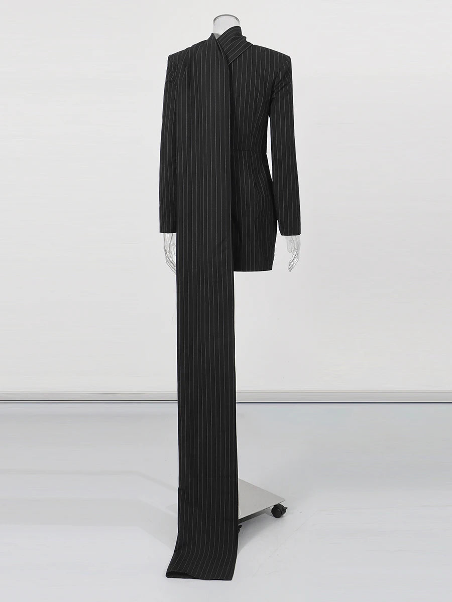 TWOTWINSTYLE Elegant Black Striped Pint Blazer Mini Dress for Women V Neck Long Sleeve Slimming Lace Up Design for Formal Events