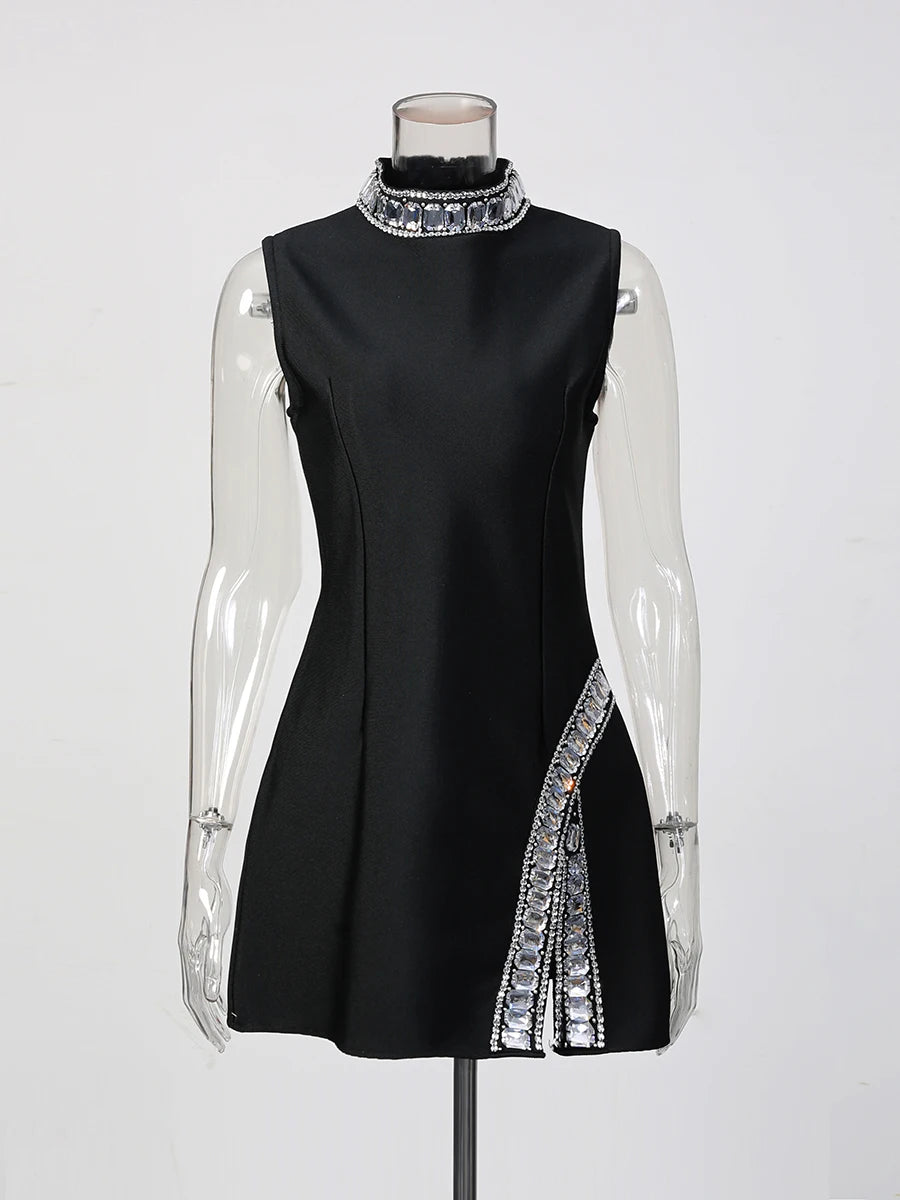 TWOTWINSTYLE Solid Slimming Temperament Dresses for Women Round Neck Sleeveless Patchwork Diamonds Dress Female Fashion Clothes