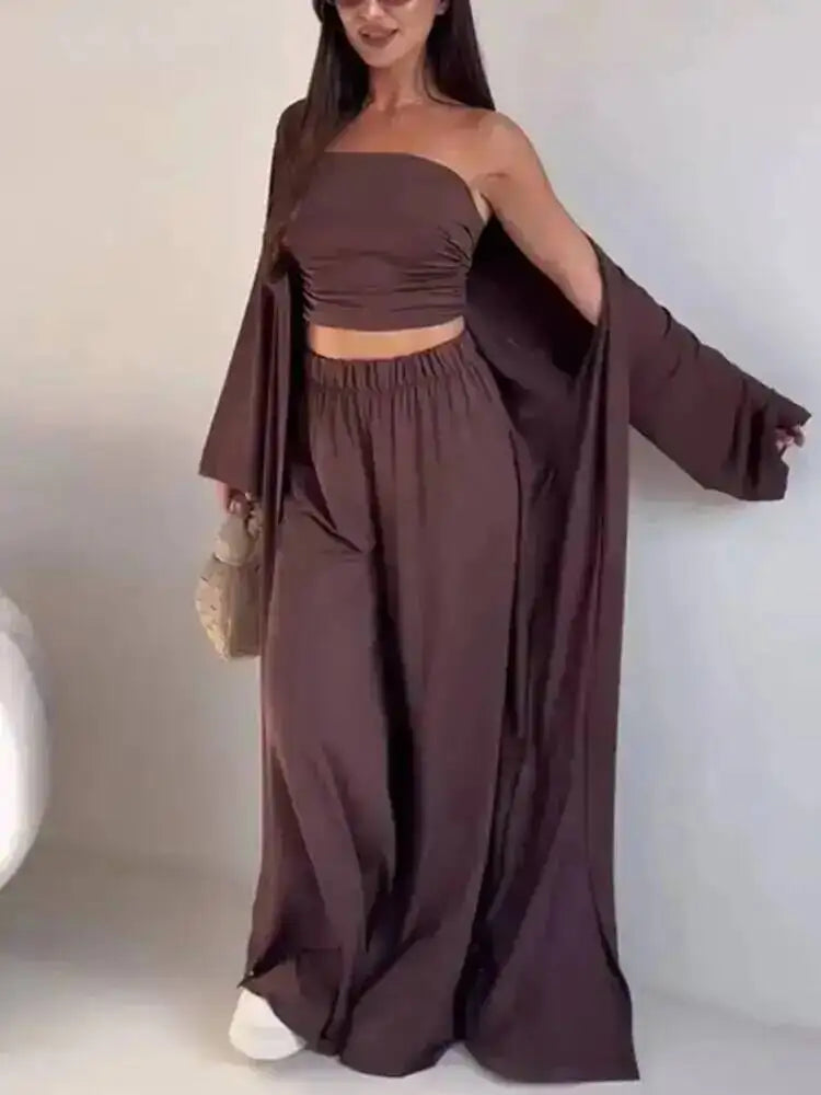 LGRQ Women's Clothing 2026 Summer New Casual Strapless Vest Long Cardigan Wide-Leg Pants Three-Piece Set