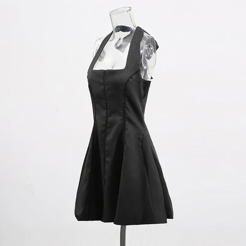 TWOTWINSTYLE Solid Slimming Fashion Mini Dresses for Women Halter Neck Sleeveless Patchwork Bow Tunic Elegant Dress Female New