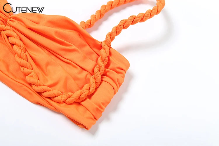 Cutenew Woven Matching Women 2 Piece Sexy Vacation Outfits Pleated Crop Camis+Shirring High Waist Maxi Skirts Solid Mujer Sets