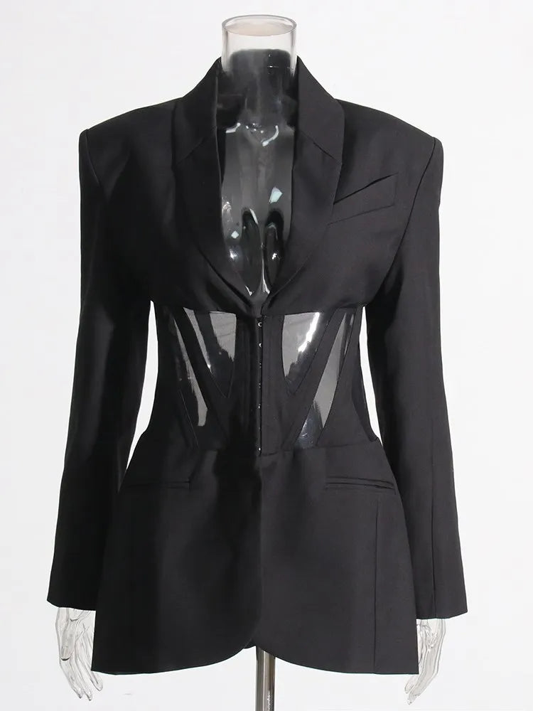 TWOTWINSTYLE Solid Spliced Sheer Mesh Blazers For Women Notched Collar Long Sleeve Tunic Patchwork Botton Blazer Female Fashion