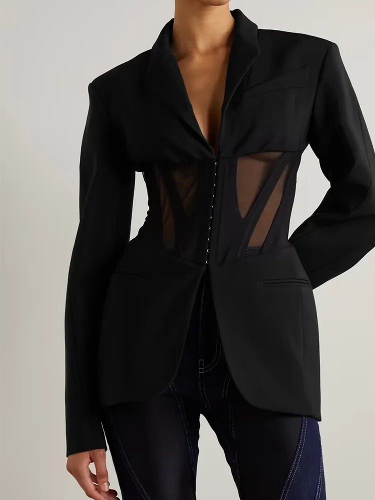 TWOTWINSTYLE Solid Spliced Sheer Mesh Blazers For Women Notched Collar Long Sleeve Tunic Patchwork Botton Blazer Female Fashion