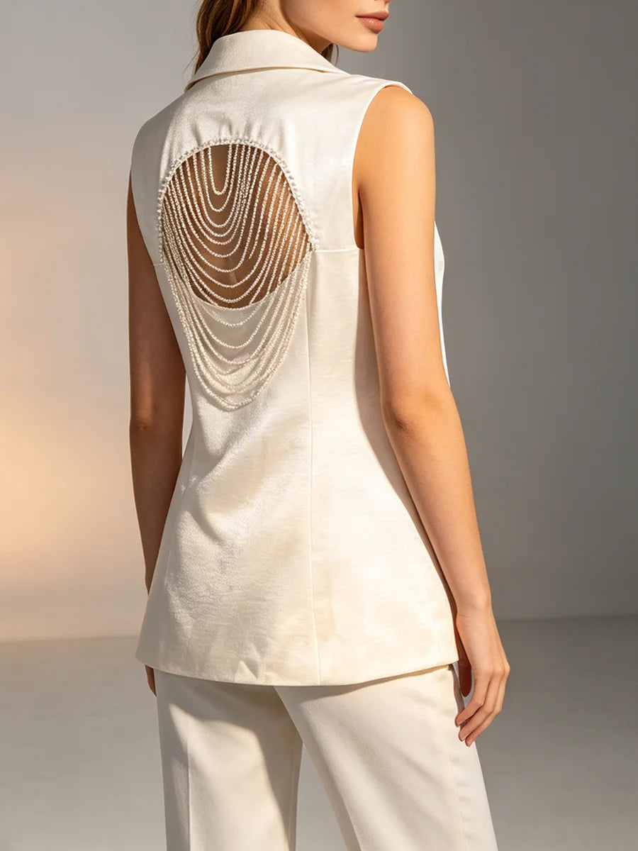 TWOTWINSTYLE Elegant White Cutout Back Sleeveless Blazer for Women Lapel Spliced Pearl Fashion Coat for Formal Office Commute