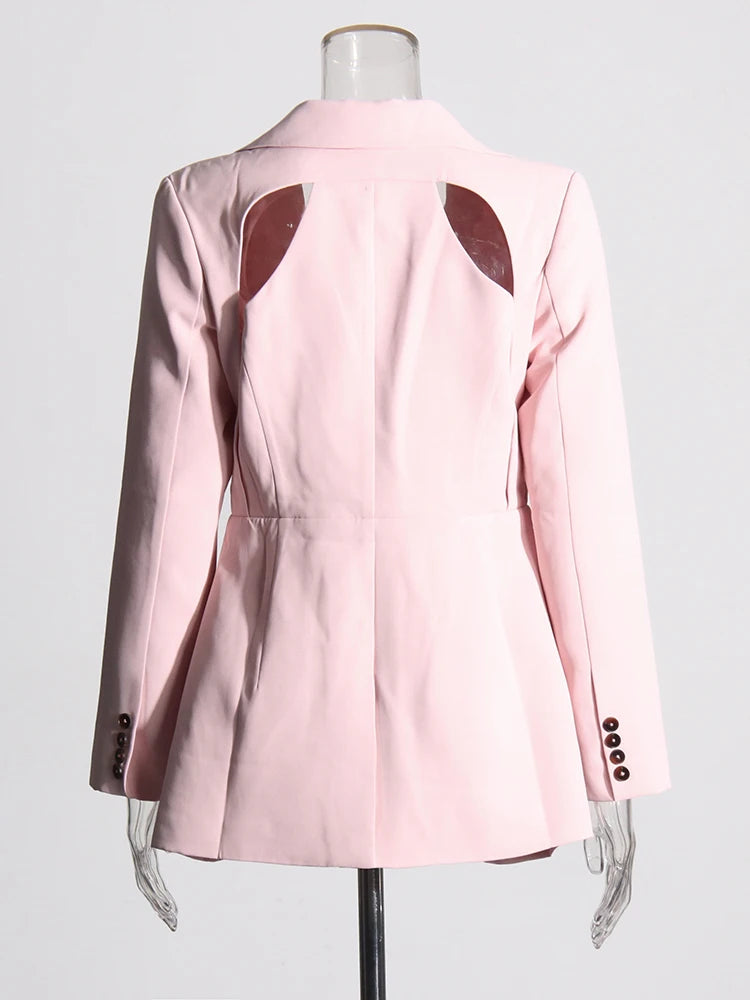 TWOTWINSTYLE Patchwork Button Slim Blazer For Women Notched Collar Long Sleeve Spliced Pockets Hollow Out Designer Coat Female