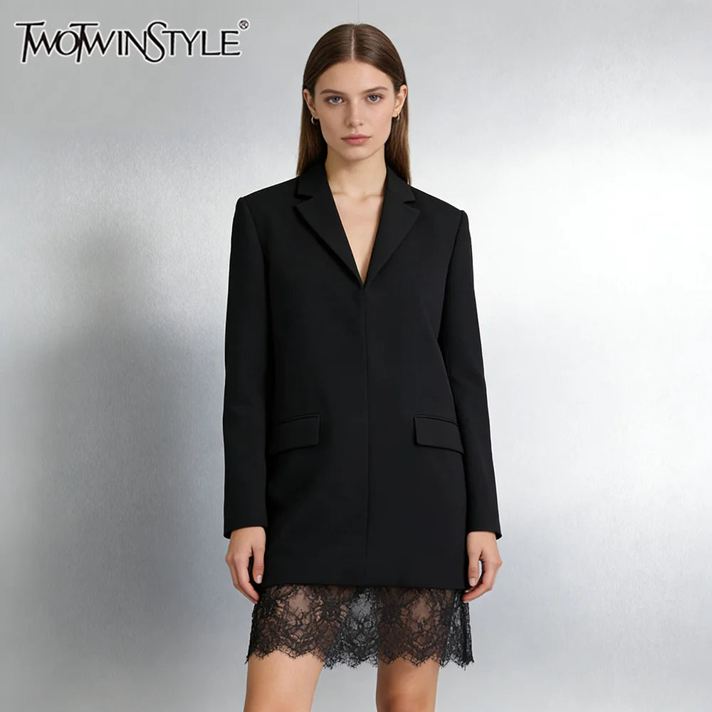 TWOTWINSTYLE Solid Loose Spliced Lace Elegant Blazers for Women Lapel Long Sleeves Temperament Blazer Female Autumn Clothing New