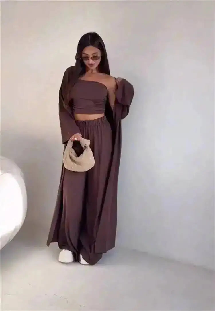 LGRQ Women's Clothing 2026 Summer New Casual Strapless Vest Long Cardigan Wide-Leg Pants Three-Piece Set