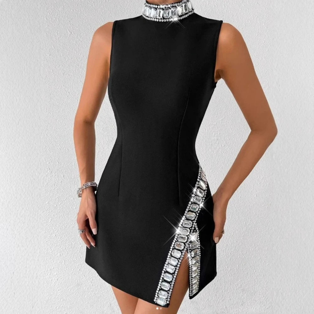 TWOTWINSTYLE Solid Slimming Temperament Dresses for Women Round Neck Sleeveless Patchwork Diamonds Dress Female Fashion Clothes