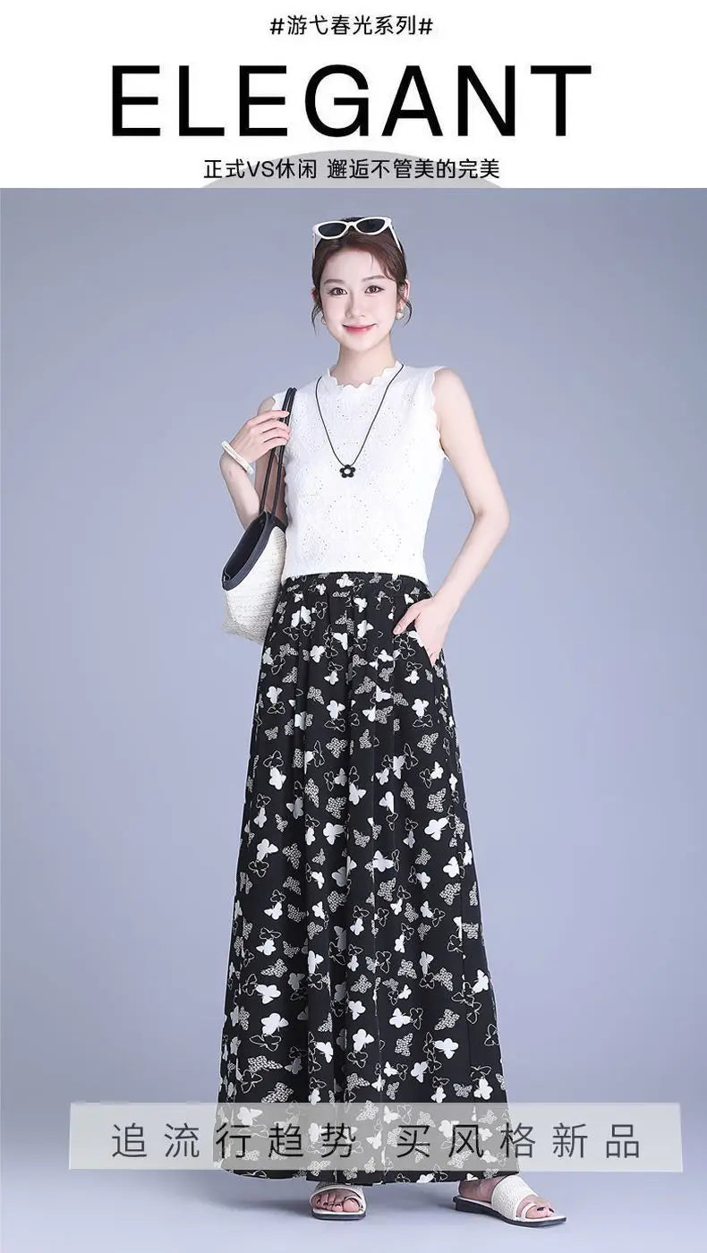 Trousers Chiffon Floral Skirts and Pants for Women in Summer New Thin High-waisted Ethnic Style Casual Wide-leg Pants