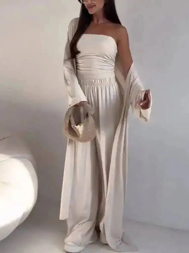 LGRQ Women's Clothing 2026 Summer New Casual Strapless Vest Long Cardigan Wide-Leg Pants Three-Piece Set