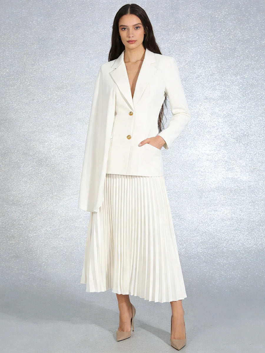 TWOTWINSTYLE White Two Piece Set for Women Lapel Long Sleeve Blazer with Cape High Waist Pleated Skirt Sets for Office Commuting