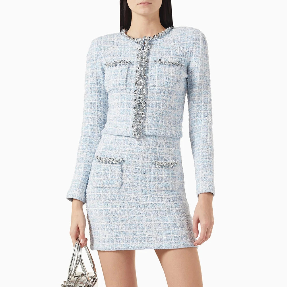 TWOTWINSTYLE Two Piece Sets for Women Round Neck Long Sleeves Spliced Diamonds Top High Waist Patchwork Pockets Skirt Female New