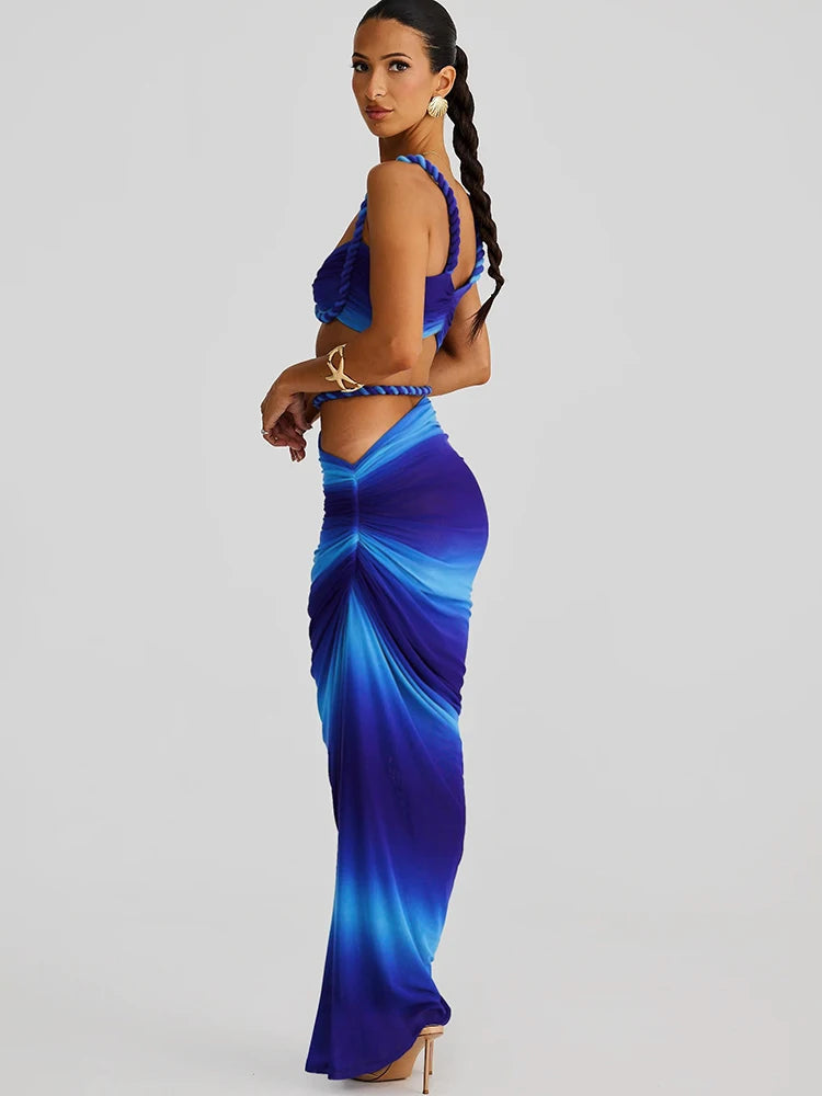 Cutenew Woven Matching Women 2 Piece Sexy Vacation Outfits Pleated Crop Camis+Shirring High Waist Maxi Skirts Solid Mujer Sets
