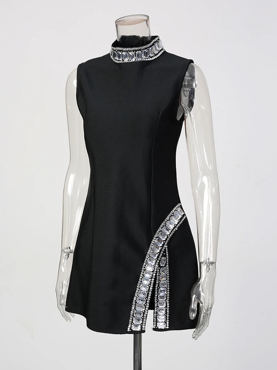TWOTWINSTYLE Solid Slimming Temperament Dresses for Women Round Neck Sleeveless Patchwork Diamonds Dress Female Fashion Clothes