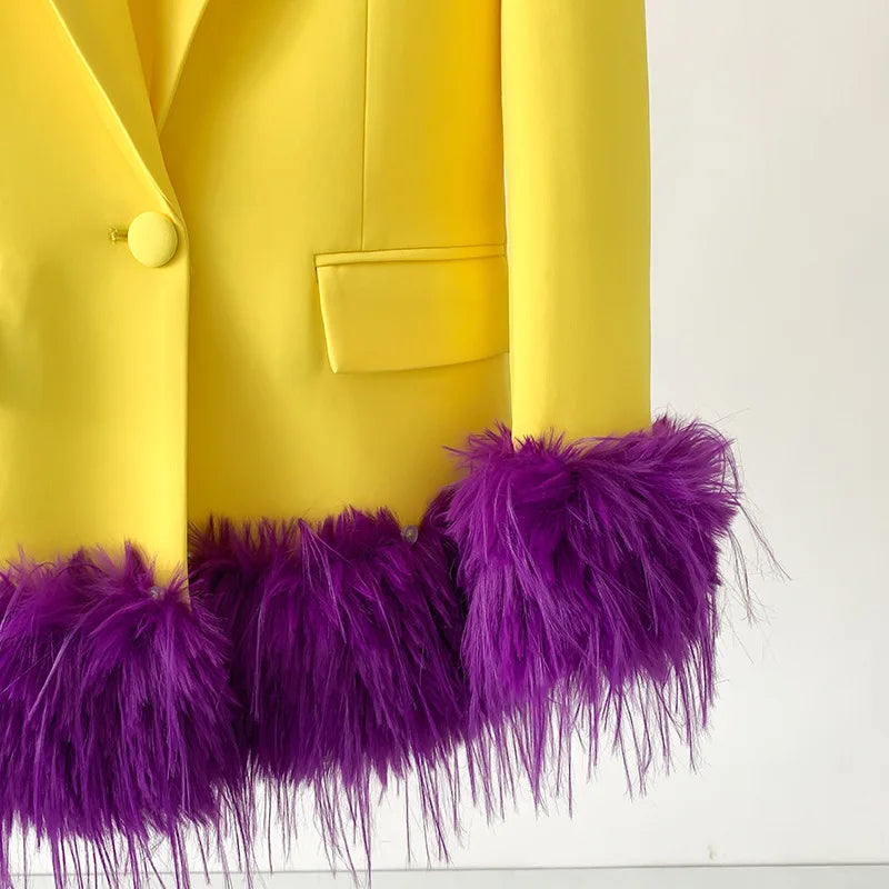 TWOTWINSTYLE Colorblock Slimming Spliced Feather Blazer for Women Lapel Long Sleeve Patchwork Button Temperament Coat Female New