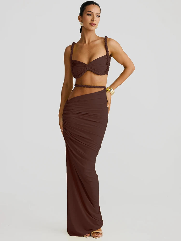 Cutenew Woven Matching Women 2 Piece Sexy Vacation Outfits Pleated Crop Camis+Shirring High Waist Maxi Skirts Solid Mujer Sets