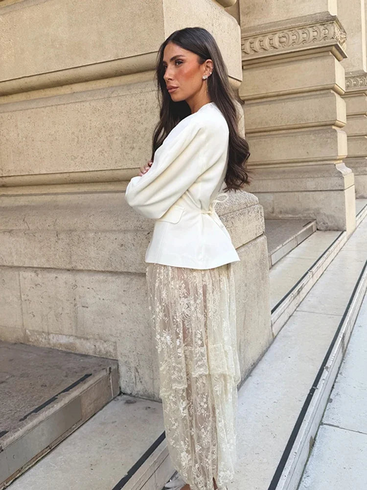 Fashion Women Lace Transparent Trouser Chic Floral Lace Up Wide Leg Pant Summer 2026 High Street Solid Elegant Commute Office